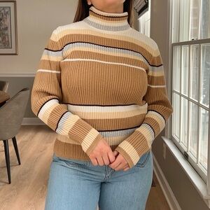 Vintage LizSport Ribbed Cotton Turtleneck Sweater L Neutral Stripe